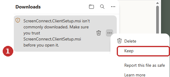 Edge download panel with the Keep option outlined in red.