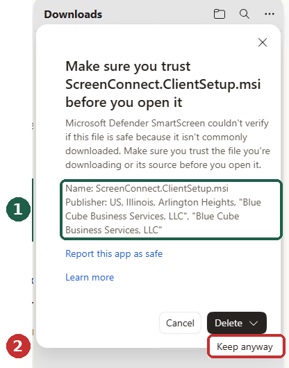 Edge dialog with the Publisher line outlined in green and Keep anyway outlined in red.