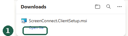 Edge download panel showing the file with an Open file link and no warning.
