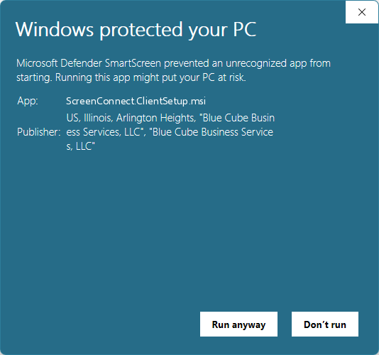 Expanded Windows protected your PC dialog showing App ScreenConnect.ClientSetup.msi, Publisher Blue Cube Business Services, LLC, Arlington Heights, Illinois, and a Run anyway button.
